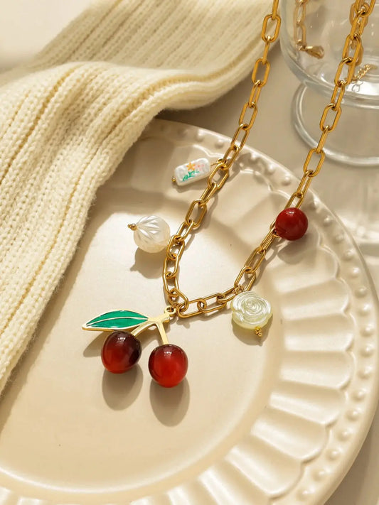 Whimsical Fruit Pendant Necklace 18K Gold Plated Stainless Steel Oil Dripping Cherry Pearl Tulip Acrylic Charm 🍒🌸