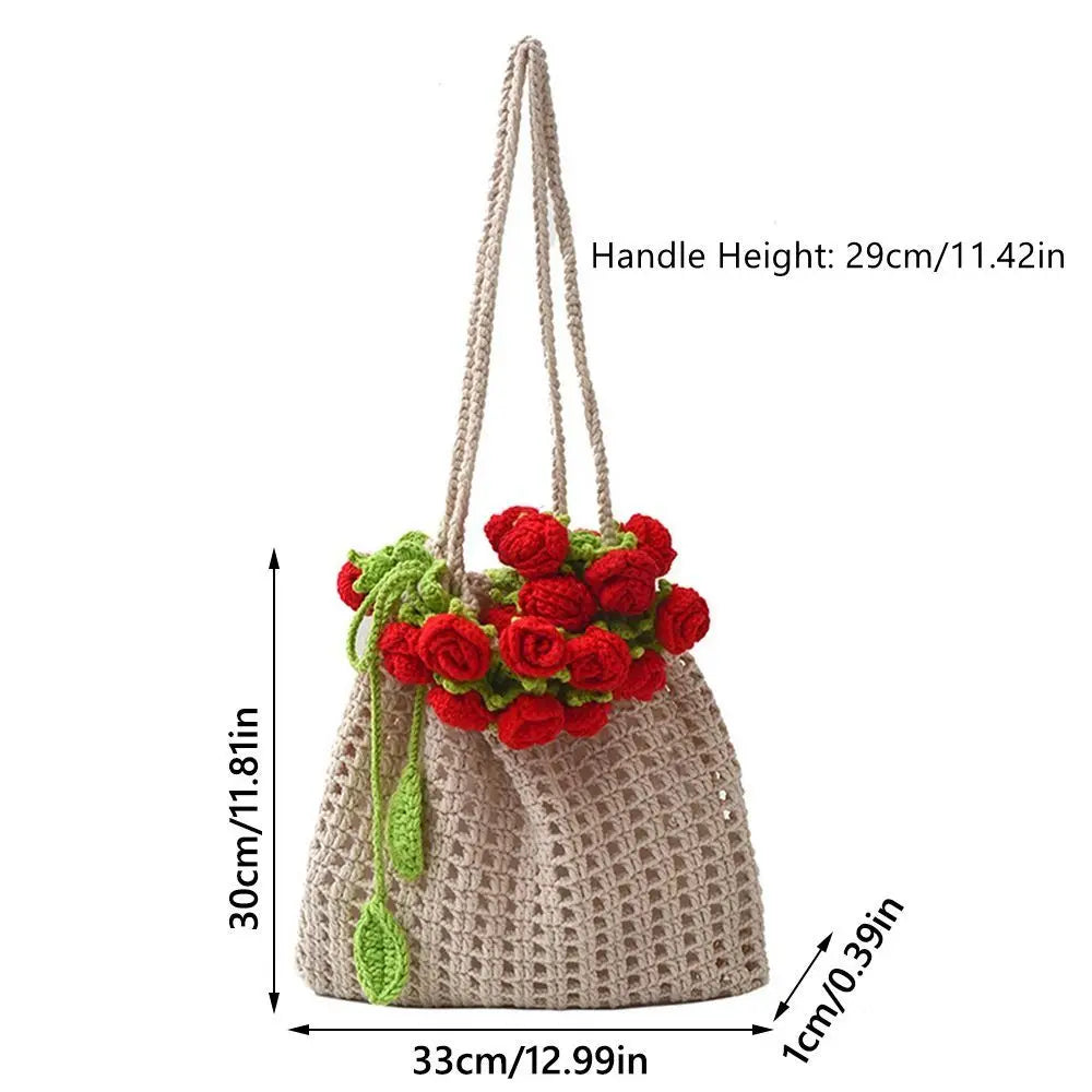 Rose Crochet Handbag Cute Spring Knitted Shoulder Bag Floral Bloom 🌸💖