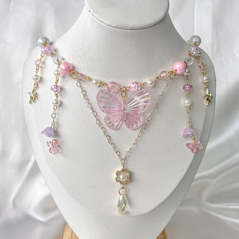 Kawaii Beaded Butterfly Charm Necklace 🌸✨ | Adjustable Trendy Pendant for Women 🦋💖