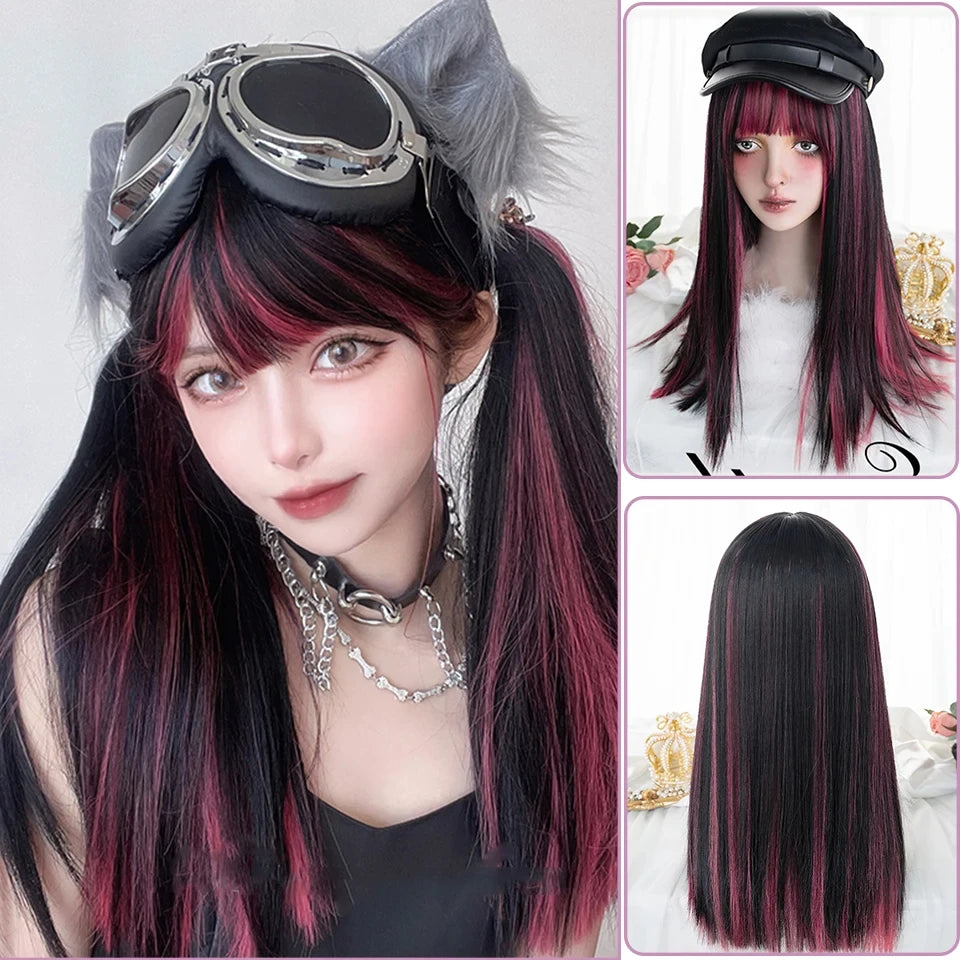 Kawaii Long Black & Red Wavy Wig 💖✨ - Cosplay & Daily Use with Bangs 🎀 | Harajuku Style!