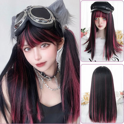 Kawaii Long Black & Red Wavy Wig 💖✨ - Cosplay & Daily Use with Bangs 🎀 | Harajuku Style!