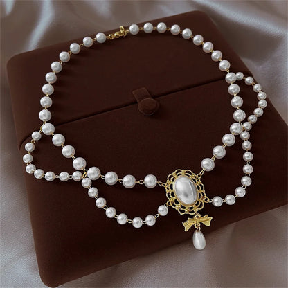 Kawaii Double White Pearl Heart Choker 💖✨ | Adorable Vintage Necklace with Bowknot Pendant for Weddings & Parties!