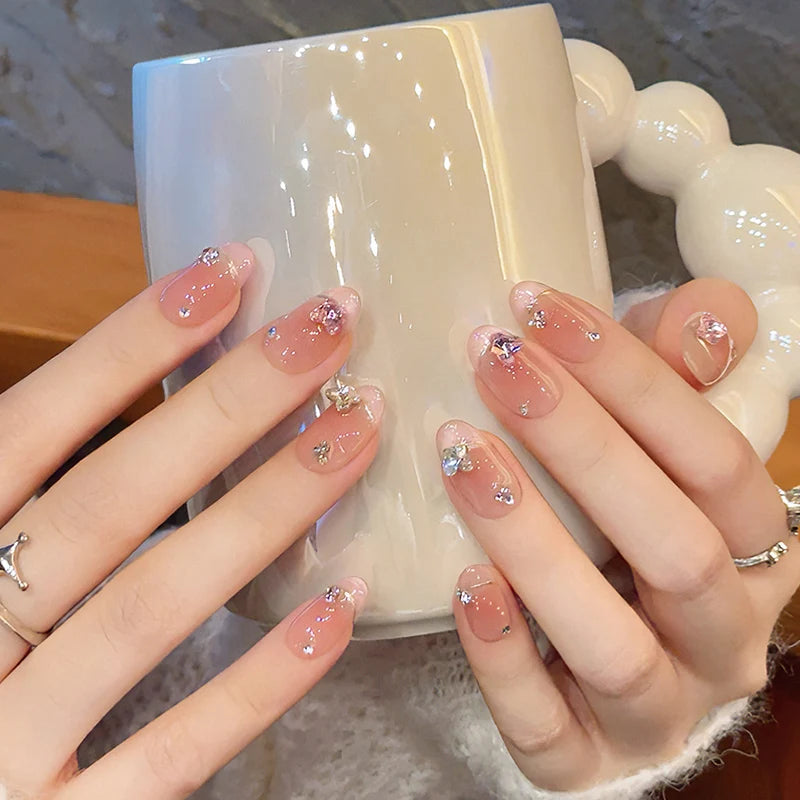 Kawaii Pink Butterfly Press-On Nails 🌸✨ | 10Pcs Almond-Shaped Nail Art with Rhinestones 🦋💖