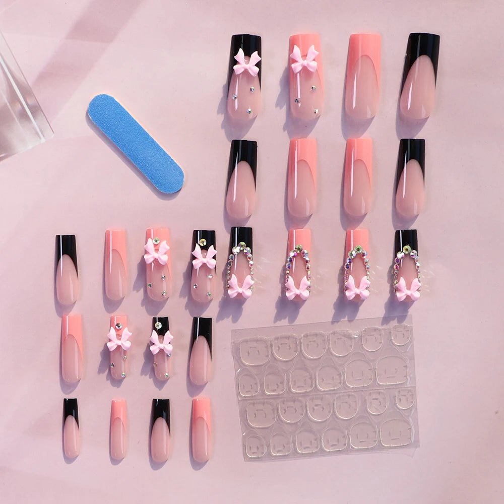 Kawaii 24pcs Bowknot Coffin Press-On Nails 🎀✨ Sweet French Tips with White Pearls for Summer Parties 🌸💅