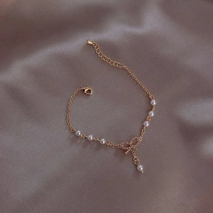Sweet Korean Imitation Pearl Link Chain Bracelet For Women Girl Elegant Charm Crystal Bowknot Bow Jewelry Female Party Gifts
