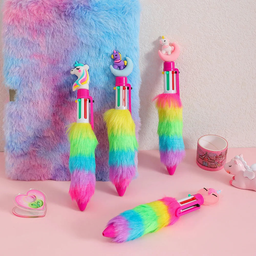 Kawaii Unicorn Plush Gel Pens Set 🎨✨ | 6 Colorful Rainbow Ballpoint Pens for Kids 🌈 | Adorable Handwriting Tools for School & Fun! 🦄💖