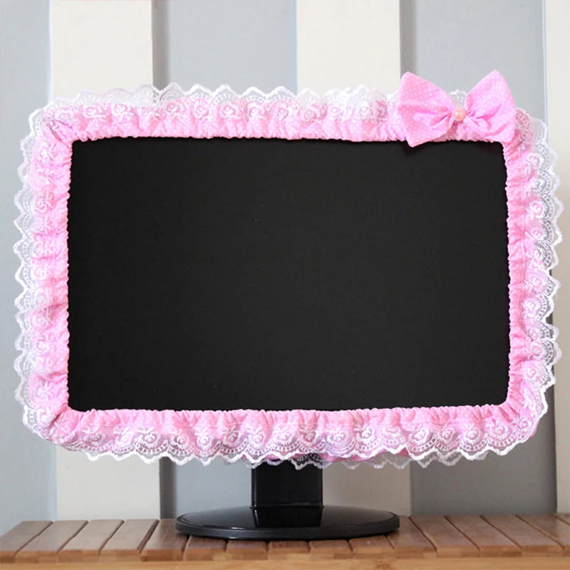 Kawaii Lace Computer Monitor Cover 🎀 | Dustproof & Adorable with Elastic Pen Pocket 💖 | Perfect for Desktop & Laptop 🌸