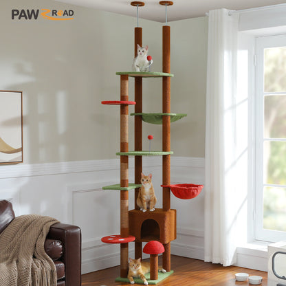 Floor To Ceiling Cat Tower With Adjustable Height, Condo, Hammock And Scratching Post 🐾 Brown Cozy Play Haven
