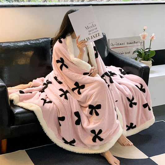 Kawaii Cozy Bow Blanket 🐻✨ | Plush Autumn-Winter Lambskin Quilt for Home & Sofa! 🌼