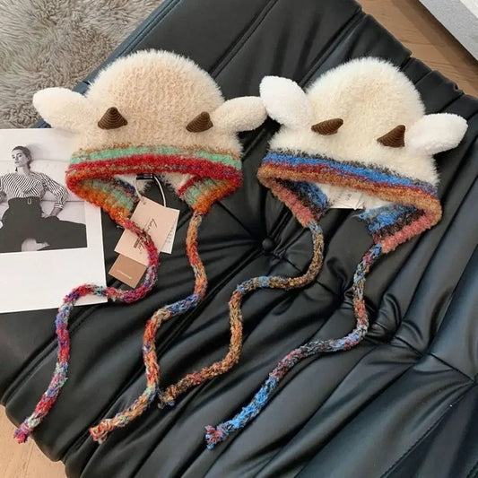 Cute Plush Knit Beanie With Earmuffs Horn Design Winter Hat For Women❄️