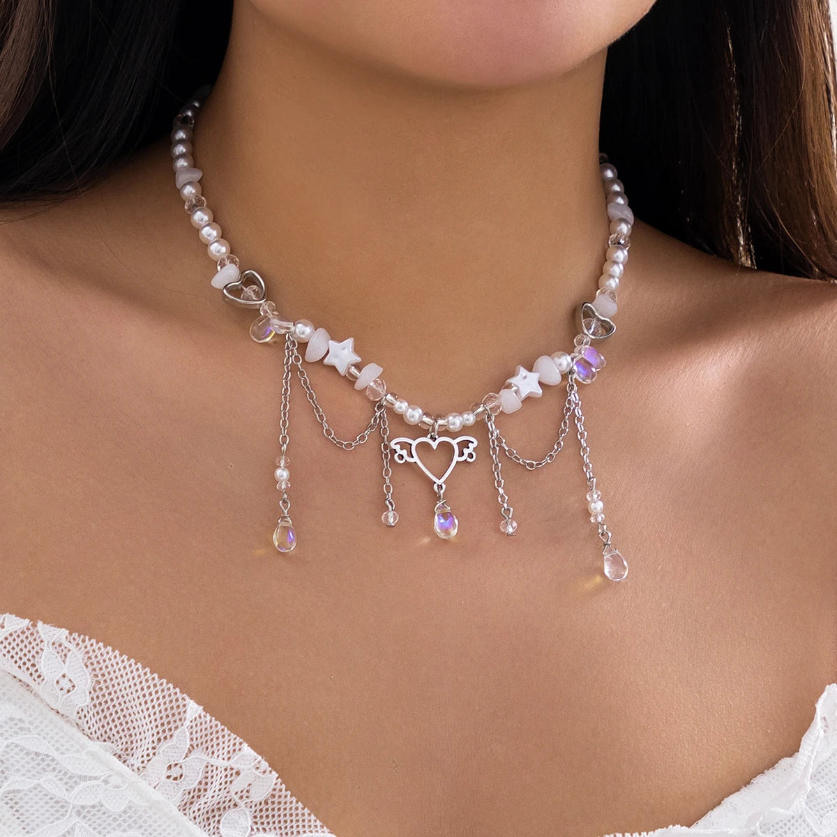 Kawaii Heart Charm Pearl Tassel Necklace 🌟✨ | Trendy Crystal Beads Choker for Girls 🎀💖 | Perfect Party Gift Jewelry!