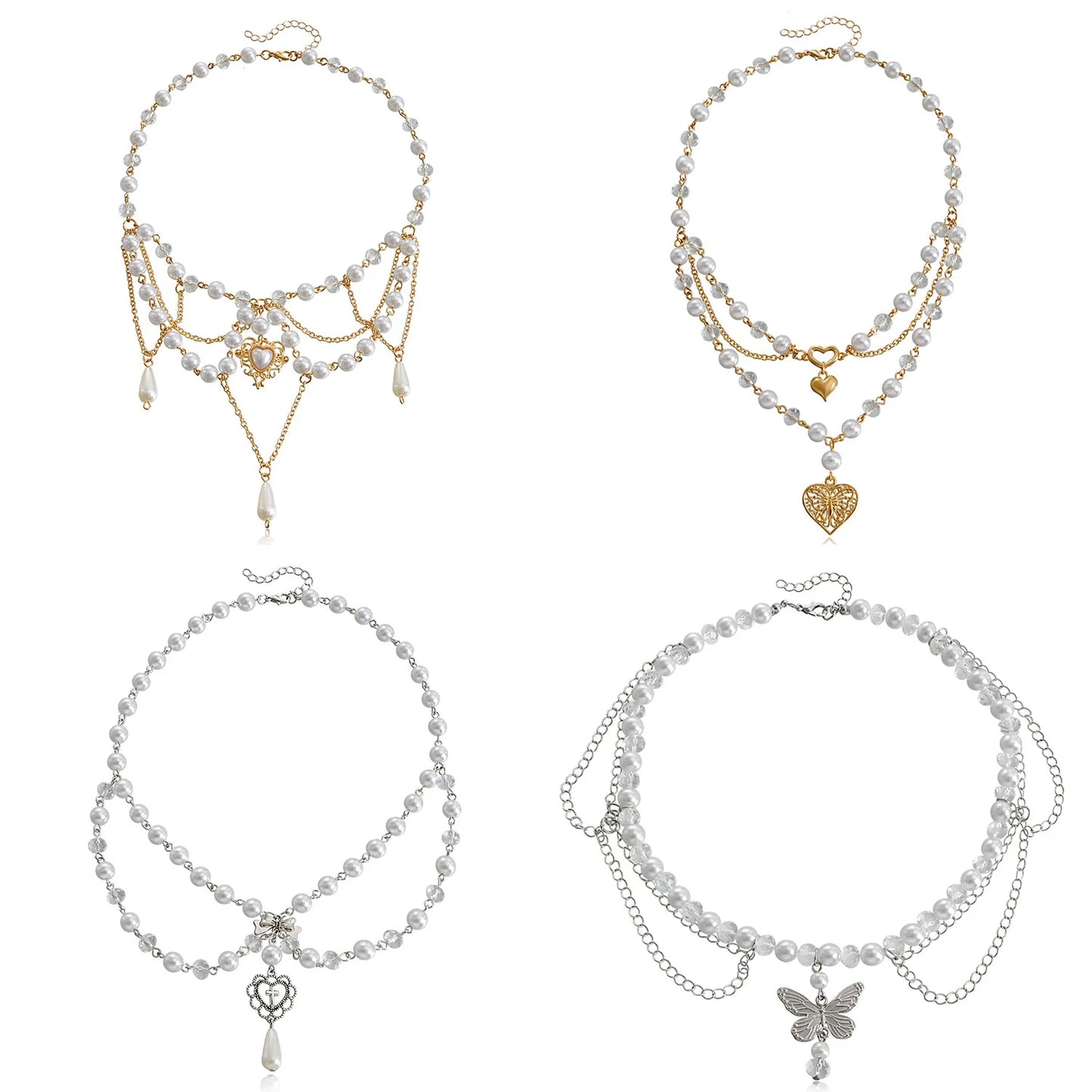 Kawaii Butterfly Pearl Tassel Necklace 🌸✨ | Double Layer High Gloss Design for Women 💖