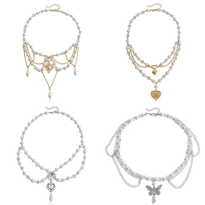 Kawaii Butterfly Pearl Tassel Necklace 🌸✨ | Double Layer High Gloss Design for Women 💖