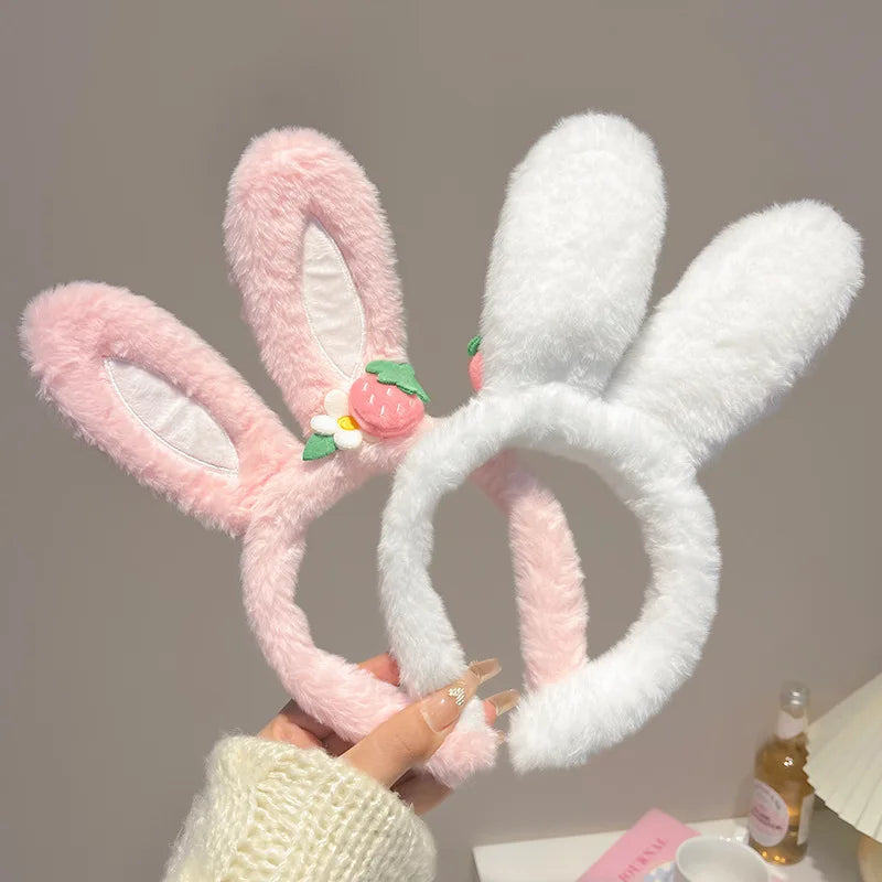 Kawaii Plush Strawberry Rabbit Ear Headband 🌸💖 Cute Fashion Accessory for Women & Girls – Perfect for Parties & Face Washing!