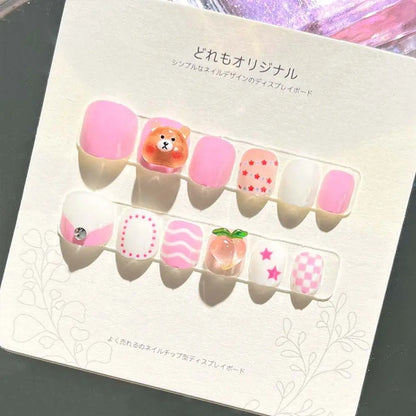 Kawaii Bunny Flower Fake Nails 🌸🐰 | Adorable Cartoon Nail Art for Kids 💅✨ - 12 Pcs Set