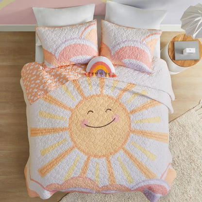 🌈 Sunny Smiles Reversible Quilt Set ☁️ | Adorable Cotton Bedding for Kids 🛏️✨