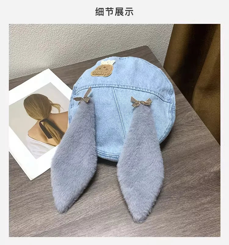 Denim Bunny Ear Beret For Women Winter Hat Cute Casual Cartoon Newsboy Style 🐰