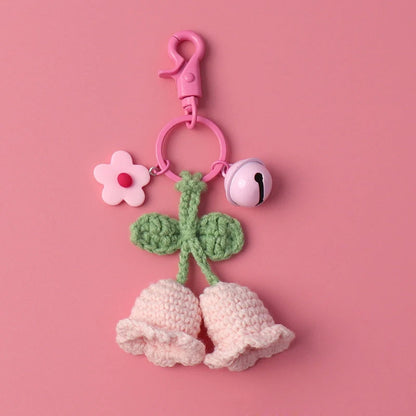 Fluffy Knitted Flower Keychain With Bell 🔔 Crocheted Wool Bag Charm For Women