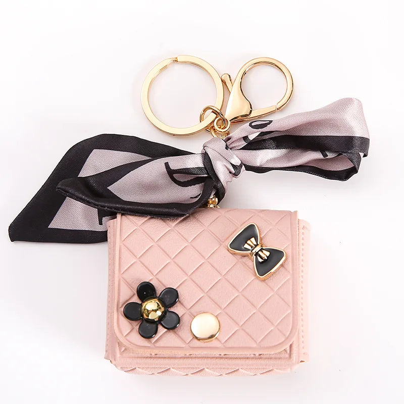 Korean Floral Bow Earphone Storage Keychain Bag Charm Leather Coin Purse 💖👜