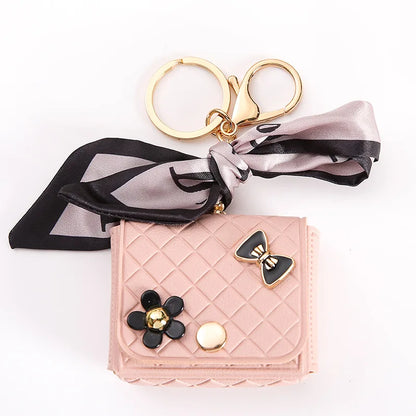 Korean Floral Bow Earphone Storage Keychain Bag Charm Leather Coin Purse 💖👜