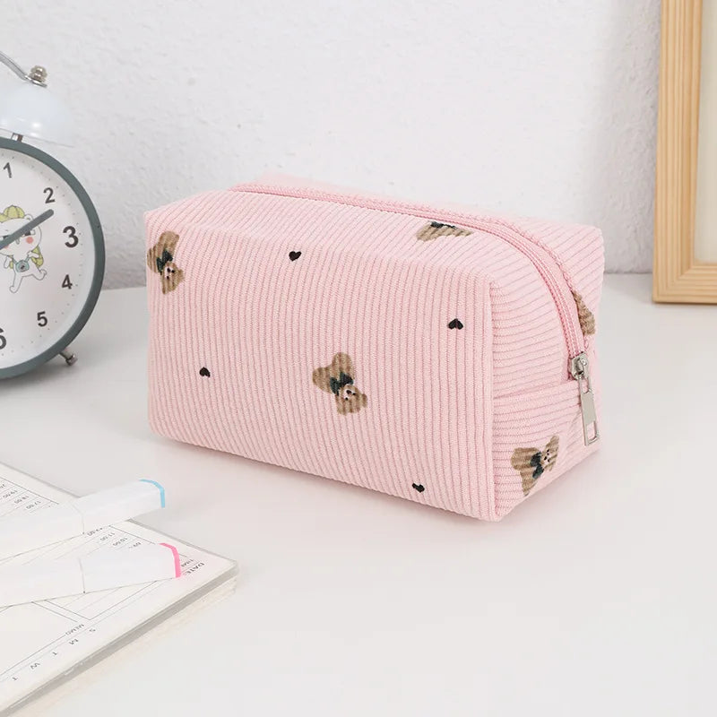 Kawaii Corduroy Makeup Pouch 🎀 | Adorable Travel Cosmetic Bag for Lipsticks & Skincare ✨ | Cute Organizer for Women & Girls 💖