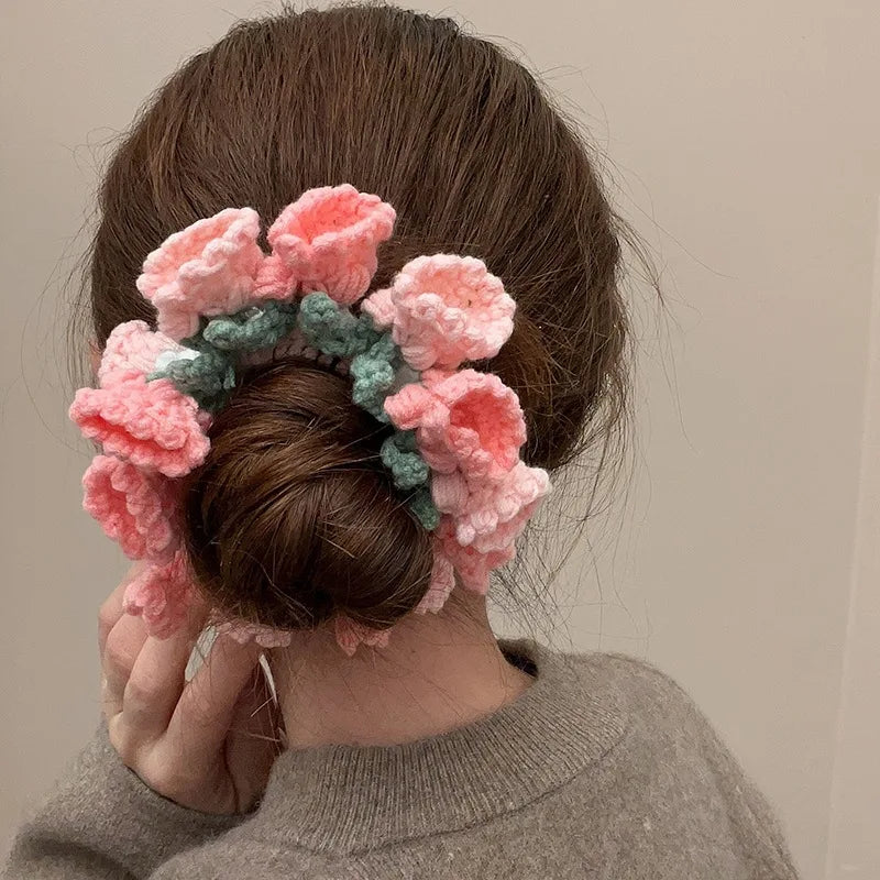 Kawaii Crochet Flower Ponytail Scrunchie 🌸✨| Adorable Knitted Hairband for Spring & Summer 🌼💖