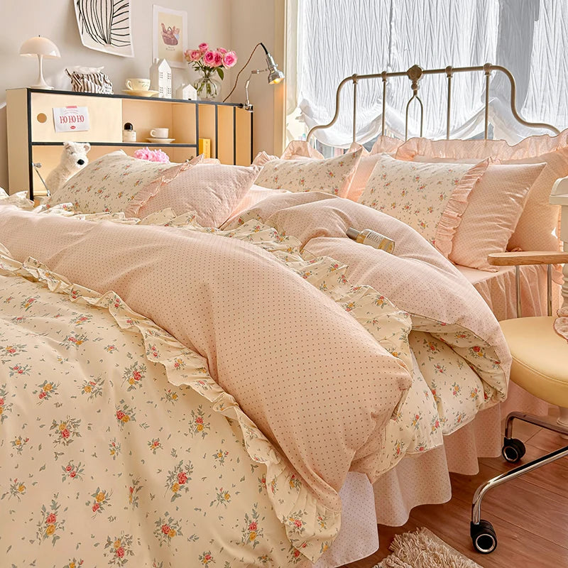 Kawaii 3-Piece Cotton Duvet Cover Set 🌸✨ (Duvet Cover + 2 Pillowcases) - Soft Floral Bedding with Korean Lace 🛏️💖