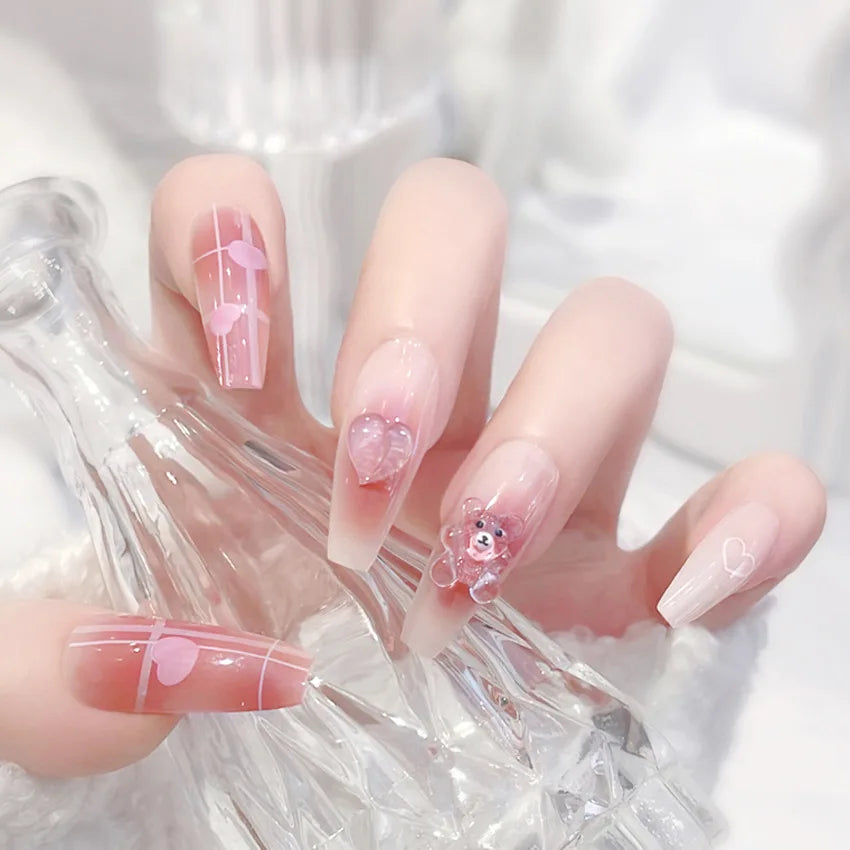 Kawaii Blush Pink 3D Bowknot & Pearl Press-On Nails 💖✨ | 24pcs Adorable Fake Nail Tips for Cute DIY Manicures!