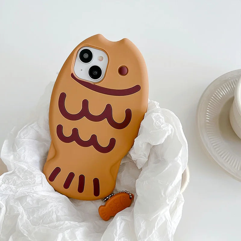 Adorable 3D Kawaii Taiyaki Fish Phone Case for iPhone 16/15/14/13/12/11 🐟💖 | Shockproof Soft Silicone Cover with Cute Animal Design!