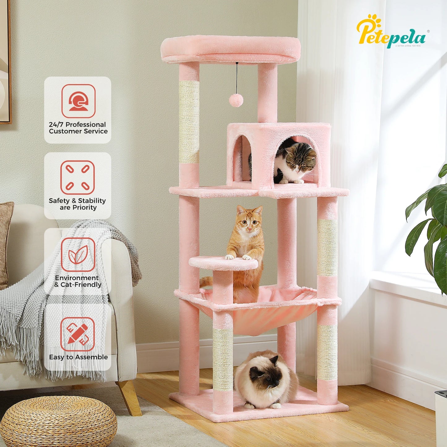 Pink Cat Tree Multi-Level Tower With Hammock And Sisal Posts Cozy Condo 🐱