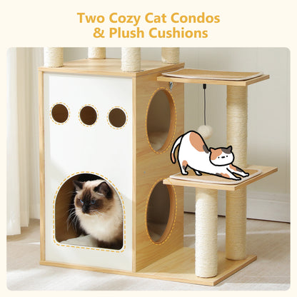 Four Level Wooden Cat Tree With Nest Condo And Dangling Toys 🐾🐱