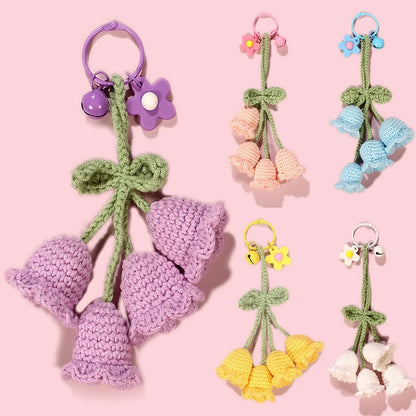 Fluffy Knitted Flower Keychain With Bell 🔔 Crocheted Wool Bag Charm For Women