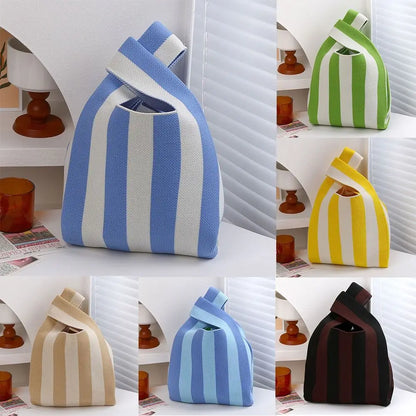 Kawaii Knitted Stripe Wrist Bag 🌈✨ | Adorable Large-Capacity Tote for Trendy Shopping 👜💕