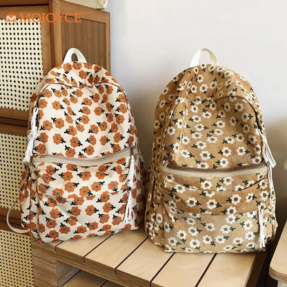 Kawaii Floral Corduroy Backpack 🌸✨ | Trendy Multi-Pocket Schoolbag for Students 🎒🌼 | Stylish Mochilas with Large Capacity!