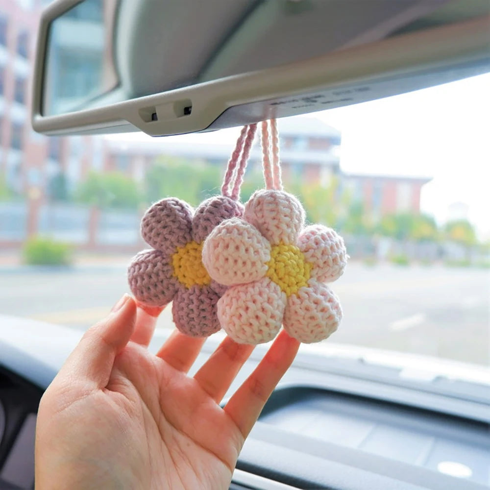 Kawaii Crochet Flower Car Mirror Charm 🌸✨ | Adorable Waffle Flower Hanging Accessory for Good Vibes! 🚗💖