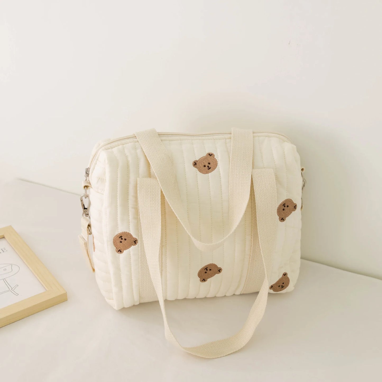Kawaii Bear Embroidered Baby Diaper Bag 🐻💕 | Stylish Quilted Mummy Messenger Bag for Newborn Care & Stroller Storage 🌈✨