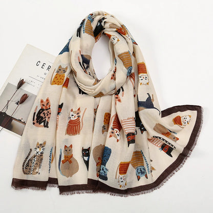 Playful Cat Print Fringed Scarf Women Cotton Viscose 180x85 Cm 🐈✨