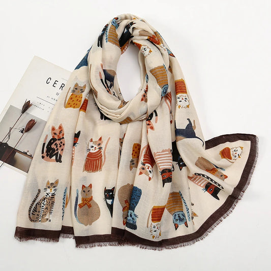 Playful Cat Print Fringed Scarf Women Cotton Viscose 180x85 Cm 🐈✨