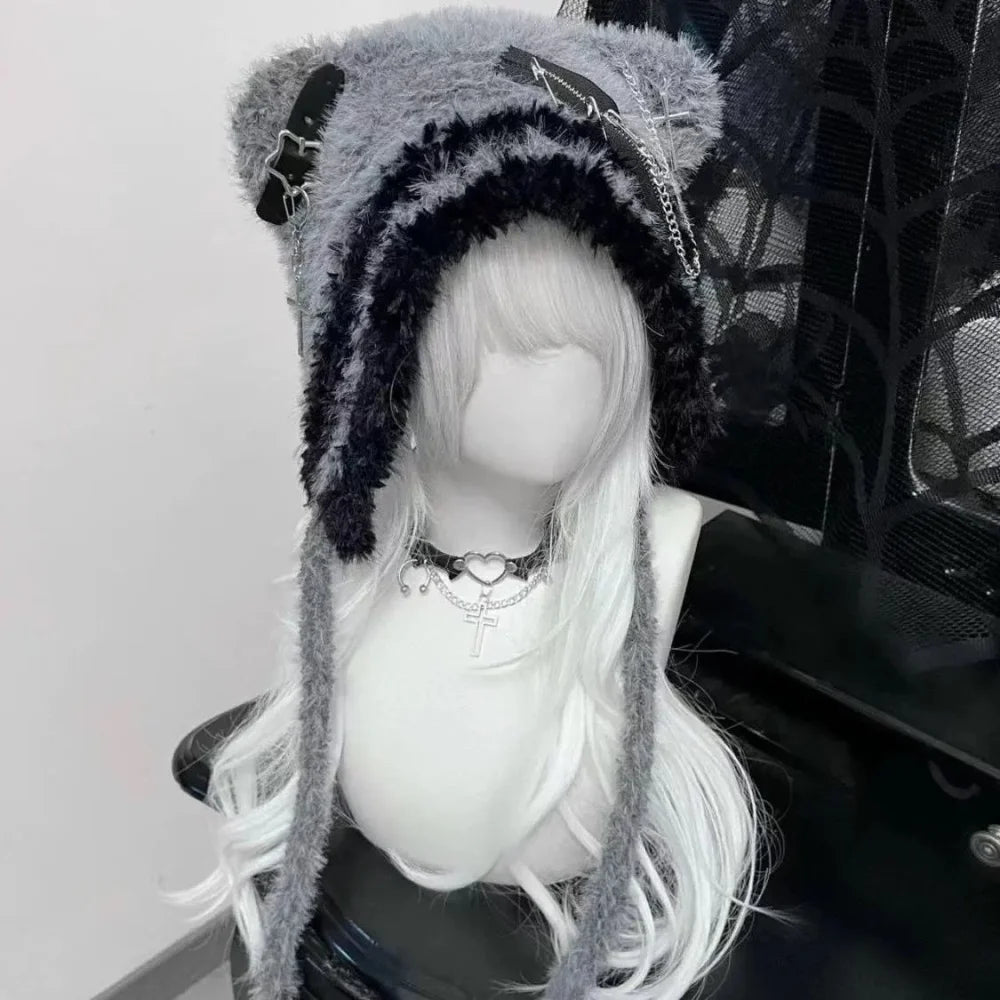Gothic Harajuku Bear Hat For Women Wool Knit Beanie 🐻 Cross Star Wings Cute