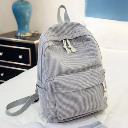 Soft Corduroy Women Backpack Female Travel Backpack Teenage Girls Striped School Backpack Large Capacity Book Bag - Pixie Quill