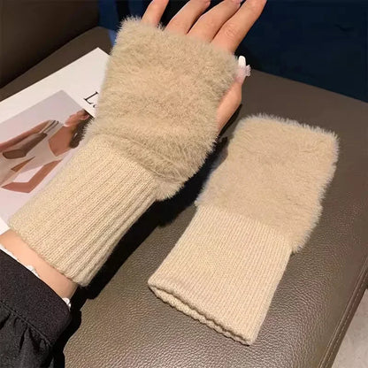 Cozy Plush Knit Fingerless Gloves For Women Warm White Wrist Mittens ❄️