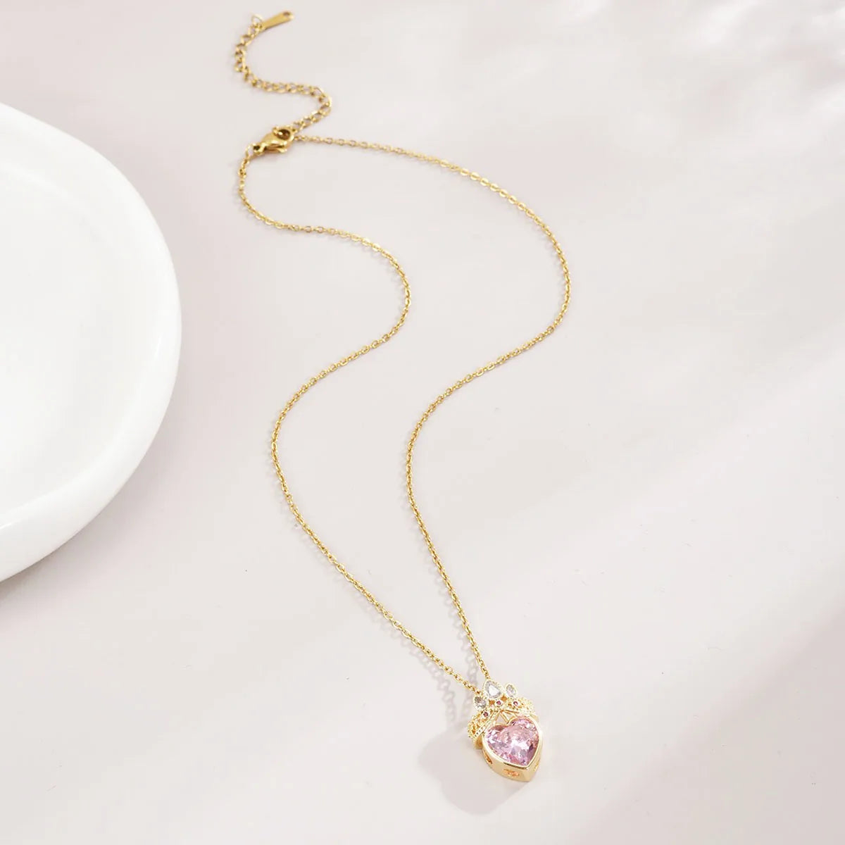 Pink Crown Heart Necklace For Women Stainless Steel Collarbone Chain 💗👑✨