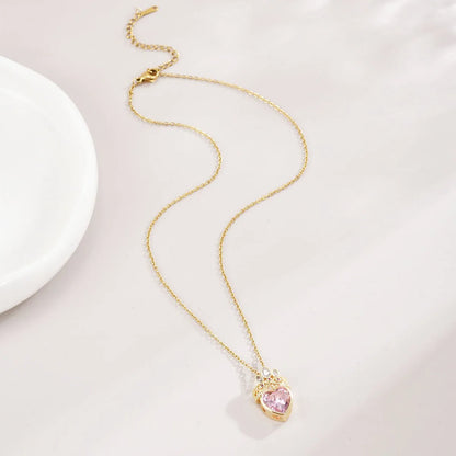 Pink Crown Heart Necklace For Women Stainless Steel Collarbone Chain 💗👑✨