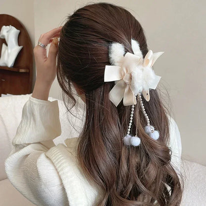 🎀 Plush Bow & Tassel Hair Claw Clips ✨ Cute Korean Style for Girls - Perfect Fall & Winter Accessory! 🦈