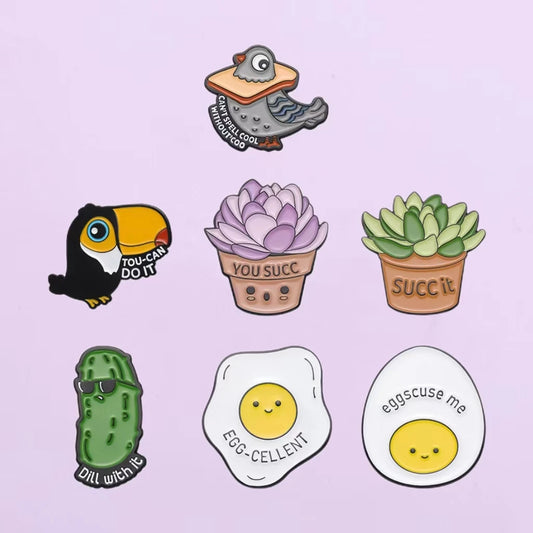 Kawaii Animal & Plant Enamel Pins 🌿🦜 Cute Brooches - Toucan, Pigeon, Succulent & More! 🥚🥒