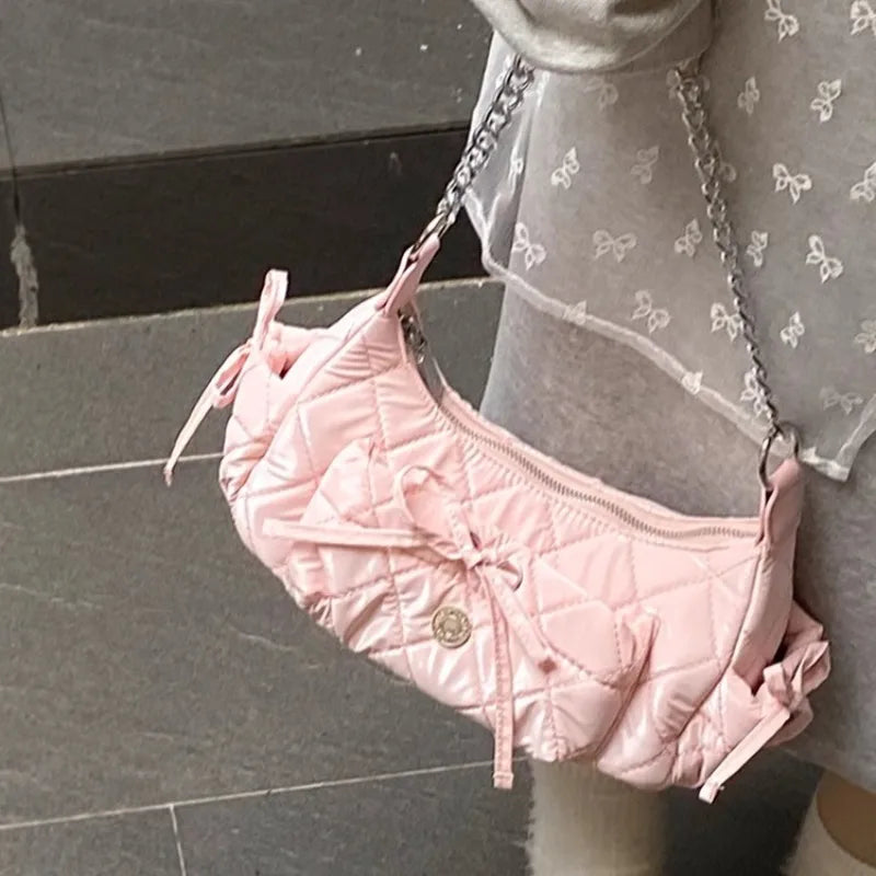 Xiuya Elegant Pink Shoulder Bag for Women Summer Fashion Leather Casual Cute Handbag Chains Hot Girls Daily Gentle Armpit Bag