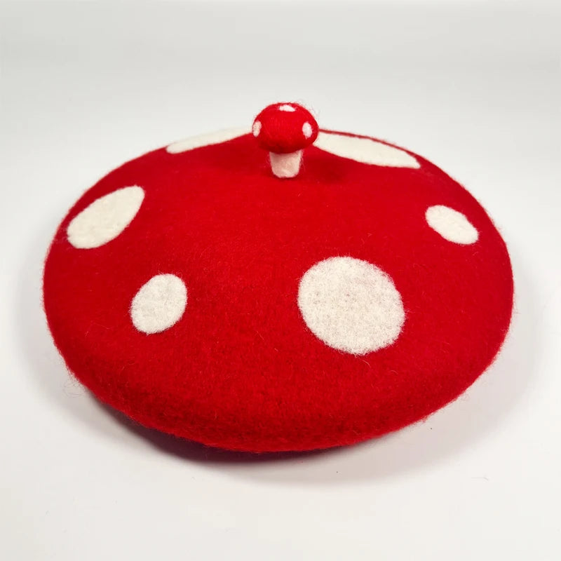 Red Mushroom Beret For Women Handmade Wool Felt Hat Cozy Winter Gift 🍄🎨