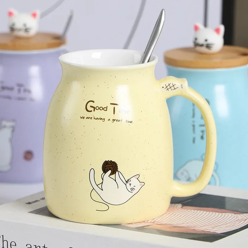 Kawaii Cat Ceramic Mug with Wooden Lid & Spoon 🐾💕 | Adorable Heat-Resistant Drinkware for Milk, Yogurt & More! 🍶✨