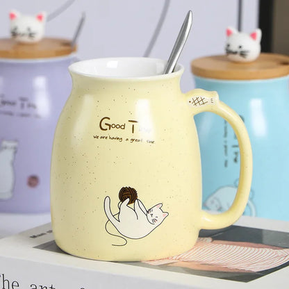 Kawaii Cat Ceramic Mug with Wooden Lid & Spoon 🐾💕 | Adorable Heat-Resistant Drinkware for Milk, Yogurt & More! 🍶✨