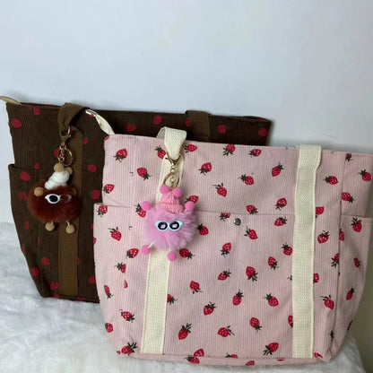 🍓 Adorable Strawberry Corduroy Shoulder Bag 🎒 Stylish & Spacious Classroom Tote! 🌸 - Pixie Quill